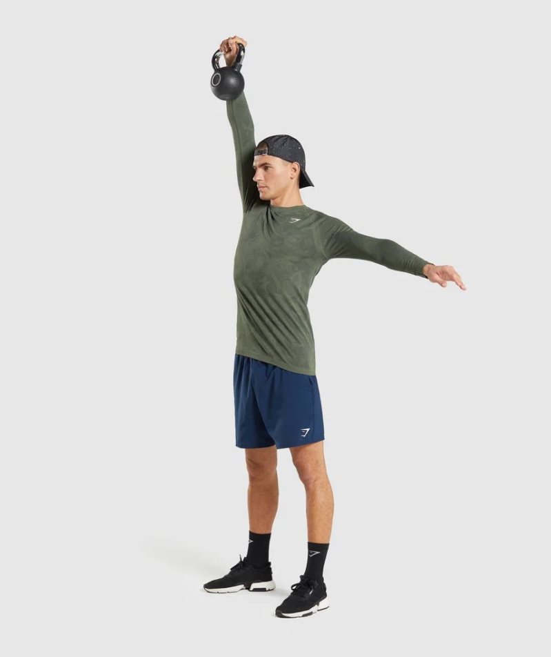 Men's Gymshark Geo Seamless Long Sleeve T-Shirts Olive | NZ 8UXHJZ